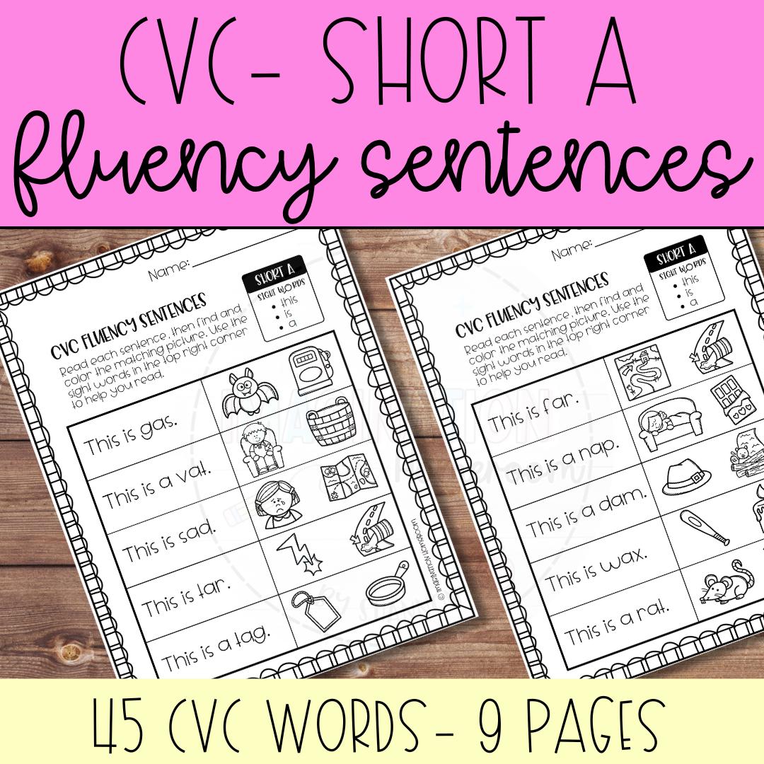 CVC Fluency ワークブックセット CVC Short A Fluency Sentences Worksheets for Kindergarten Phonics