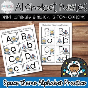 Space Alphabet Matching Puzzle Upper and Lowercase Letters Printable ABC Activity for Preschool and Kindergarten Literacy Center Practice