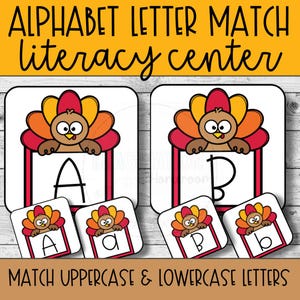 Fall ABC Turkey Matching Game Printable Letter Recognition, Preschool and Kindergarten Uppercase and Lowercase Letters Thanksgiving Alphabet