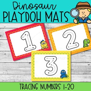 May include: Colorful playdough mats featuring numbers 1, 2, and 3 with dotted lines for tracing. Each mat has a different colored border and a cartoon dinosaur. The text "Dinosaur PLAYDOH MATS" and "TRACING NUMBERS 1-20" are displayed.