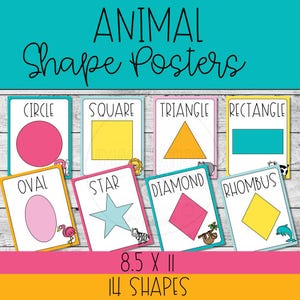 May include: A collection of "Animal Shape Posters" featuring various shapes like circles, squares, and triangles, each with animal illustrations. The posters measure 8.5 x 11 inches (approx. 21.6 x 27.9 cm) and showcase 14 different shapes.