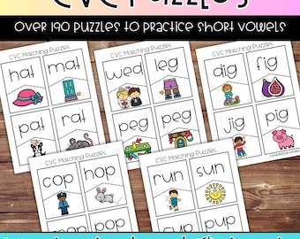 May include: Educational CVC Puzzles set for kindergarten and 1st grade, featuring over 190 printable cards to practice short vowels. Each card displays a word and a corresponding colorful illustration, such as a hat, mat, pig, sun, or run.