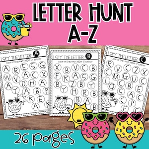 Hojas de trabajo del alfabeto "Veo, veo" de Donut, reconocimiento de letras mayúsculas, actividades de alfabetización de verano para preescolar y jardín de infantes.