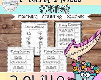 Spring Matching Counting and Pattern Math-activiteiten voor kleuters en kleuters AB Patterns Afdrukbare centra