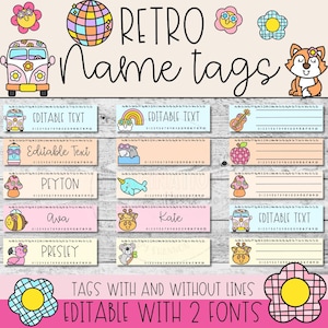 Editable Retro Name Tags for Students Printable Desk Name Plates for Classroom Organization and Back to School Decor