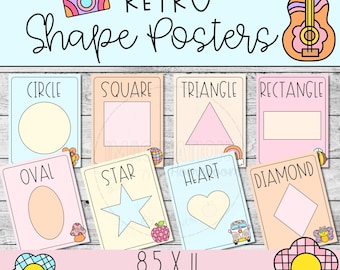 May include: A set of eight retro-themed shape posters with the words "RETRO Shape Posters" at the top. Each poster features a different shape: circle, square, triangle, rectangle, oval, star, heart, and diamond. The posters are 8.5 x 11 inches.