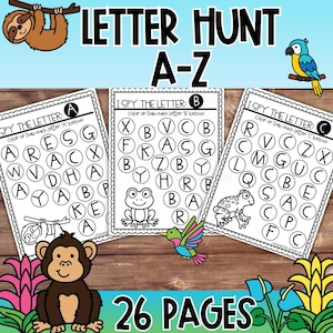 Hojas de trabajo del alfabeto "Veo, veo" de la selva tropical, reconocimiento de letras mayúsculas, actividades del Jungle Literacy Center para preescolar y jardín de infantes.