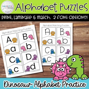 Rompecabezas de emparejamiento de letras de dinosaurios: letras mayúsculas y minúsculas, actividad de reconocimiento ABC para preescolar y jardín de infantes
