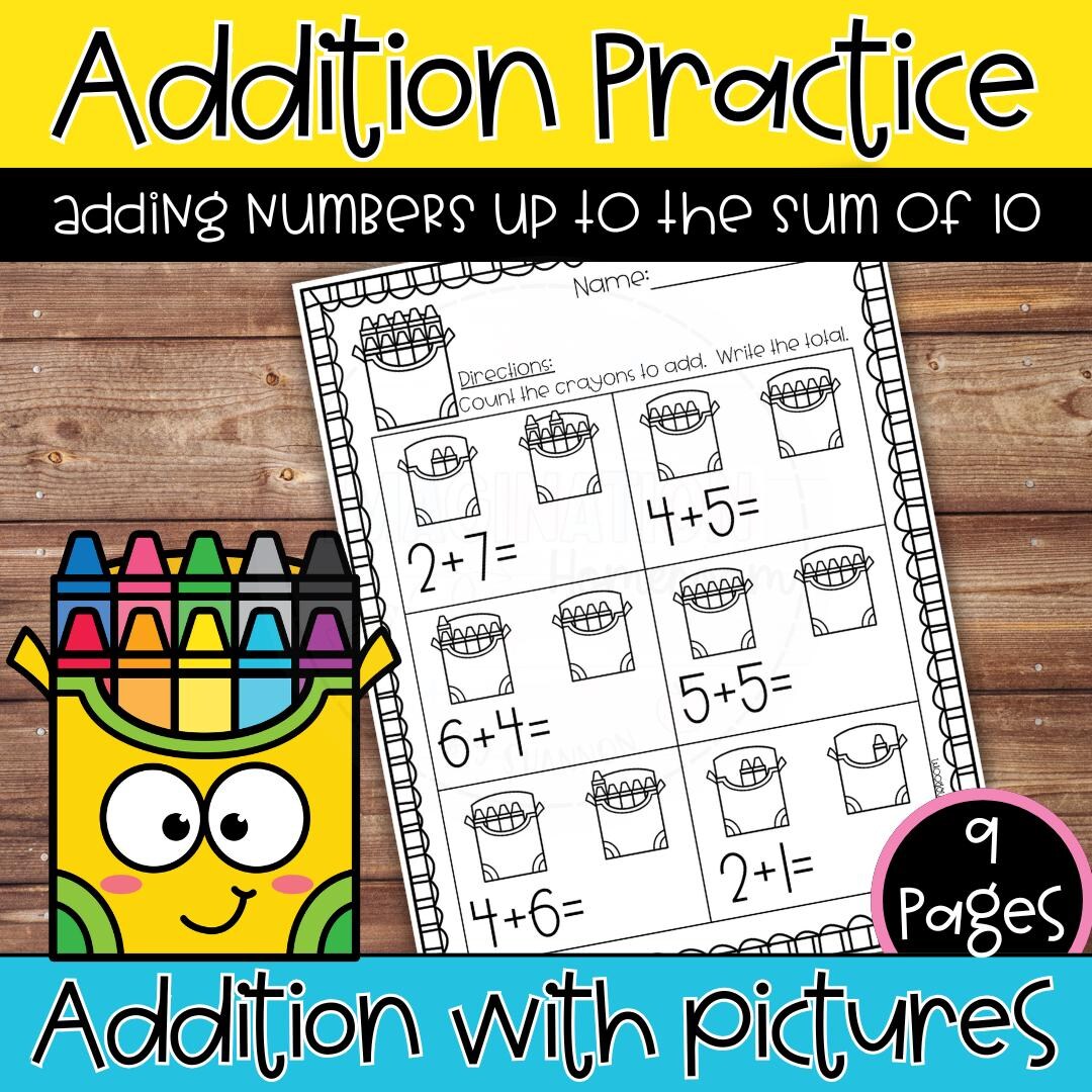 Back to School Kindergarten Addition Worksheets for Adding to 10 With ...