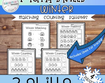 Winter Math Activities for Preschool and Kindergarten Matching Counting AB Patterns Snow Theme Printable Center