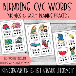 May include: Educational flashcards for early reading practice. The cards feature colorful illustrations and CVC words like "cap," "nap," "fed," and "wed." The text "BLENDING CVC WORDS" and "PHONICS & EARLY READING PRACTICE" are displayed at the top.