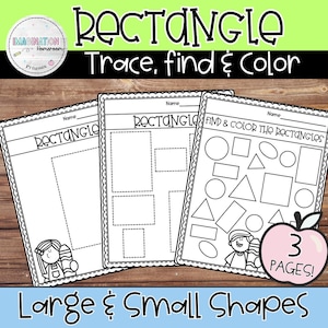 Op de afbeelding: Drie zwart-witte werkbladen over rechthoeken. De werkbladen bevatten de tekst "Rectangle Trace, find & Color" en "Large & Small Shapes". Eén werkblad heeft een tekening van een meisje en een appel met de tekst "3 Pages!"