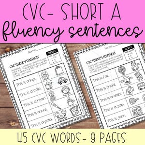 以下が含まれることがあります： ピンク色の背景に黒いスクリプトで「CVC - Short A Fluency Sentences」と書かれた2つのワークシート。各ワークシートには、読解練習用の対応する画像を含む文章があります。画像の下部には「45 CVC WORDS - 9 PAGES」と書かれています。