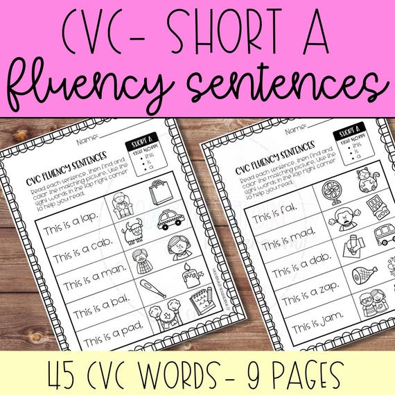 CVC Short A Fluency Sentences Worksheets for Kindergarten Phonics