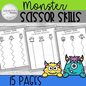 May include: Three white pages with the text "Scissor Skills" and "Cut along the dotted lines..." feature monster illustrations and dotted lines for cutting practice. The image also includes the text "Monster SCISSOR SKILLS" and "15 PAGES".