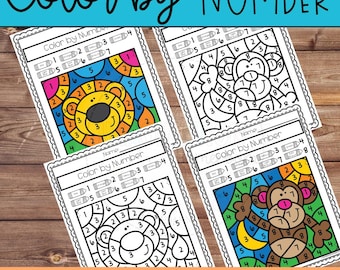 May include: Four color-by-number activity sheets featuring animal designs, including a bear and a monkey, with corresponding color keys. The image also shows four black and white versions of the same designs. The text at the top reads "Color by NUMBER". The bottom text reads "8 SHEETS IN COLOR - 8 IN BLACK & WHITE".