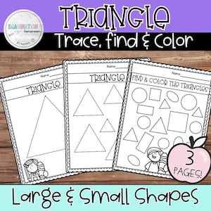Könnte beinhalten: Drei schwarz-weiße Arbeitsblätter zum Erlernen von Formen. Die Arbeitsblätter enthalten die Wörter "Triangle", "Trace, find & Color" und "Large & Small Shapes". Ein Arbeitsblatt hat eine Zeichnung eines Mädchens und eines Apfels mit den Worten "3 PAGES!"
