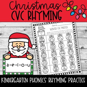 Könnte beinhalten: Ein weihnachtliches Arbeitsblatt zur Phonetik mit dem Text "Christmas CVC Rhyming". Es zeigt eine Santa Claus-Grafik und die Vokale "a-e-i-o-u". Das Arbeitsblatt ist für die Übung der Reime in der Phonetik im Kindergarten konzipiert.