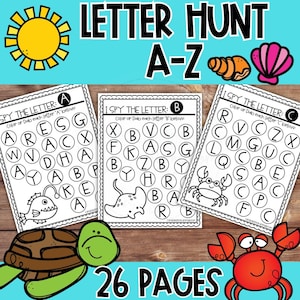 Hojas de trabajo del alfabeto "Veo, veo" de animales del océano, reconocimiento de letras mayúsculas, actividades de alfabetización de verano para preescolar y jardín de infantes.