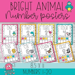 May include: Bright Animal Number Posters featuring numbers one through eight, each with a corresponding animal illustration. The posters are in a colorful design with a pink background and the text "8.5 X 11 NUMBERS 1-20".