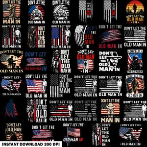 Puede incluir: Una colección de diseños gráficos digitales con el texto Don't Let The Old Man In, que incorpora varias ilustraciones de vaqueros, guitarras y motivos de la bandera estadounidense en colores rojo, blanco y azul sobre un fondo negro.