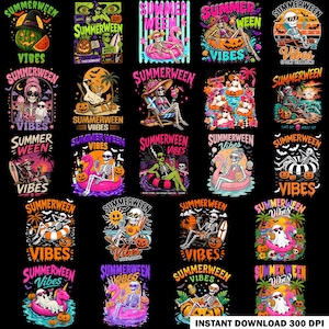 May include: A digital collection of twenty-four graphic designs featuring skeletons, ghosts, and pumpkins with the text Summerween Vibes. The illustrations incorporate tropical elements like palm trees, flamingos, and beach chairs in vibrant colors.