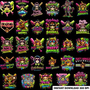 20+ Monkey Animal Party Dripped Ice Cream Png Bundle, Bananas Baseball Coquette Bow, Banana Ball Monkey Mascot PNG, Party Animals Design