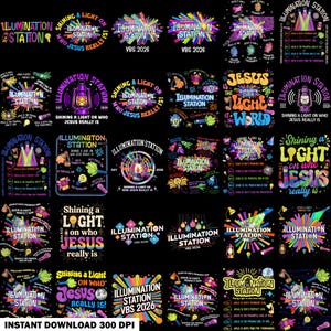 May include: A collection of digital graphic designs featuring the text Illumination Station and VBS 2026 with colourful illustrations of lanterns, flashlights, lightbulbs, and disco balls on a black background, intended for religious education.