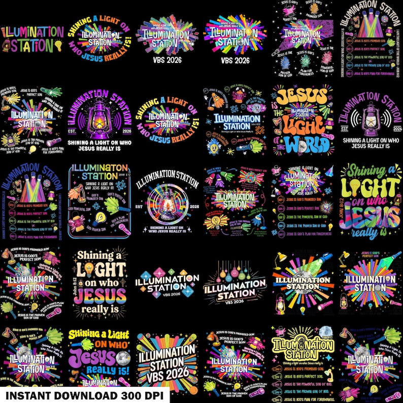 Pode incluir: Uma cole&ccedil;&atilde;o de designs gr&aacute;ficos digitais com o texto Illumination Station e VBS 2026 com ilustra&ccedil;&otilde;es coloridas de lanternas, lanternas, l&acirc;mpadas e bolas de discoteca em um fundo preto, destinados &agrave; educa&ccedil;&atilde;o religiosa.
