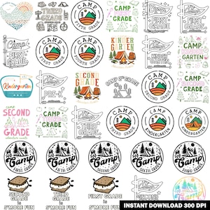 May include: A collection of digital graphic designs featuring camping-themed illustrations for various school grades. The designs include circular badges, pennants, and text-based art with motifs like tents, mountains, trees, and s'mores.