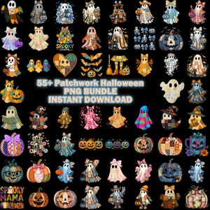 Könnte beinhalten: Eine digitale Sammlung von über 55 Patchwork-Halloween-Grafiken mit Geistern, Kürbissen und saisonalen Motiven. Der Text 55+ Patchwork Halloween PNG BUNDLE INSTANT DOWNLOAD ist mittig zwischen verschiedenen bunten, gemusterten Illustrationen auf schwarzem Hintergrund platziert.
