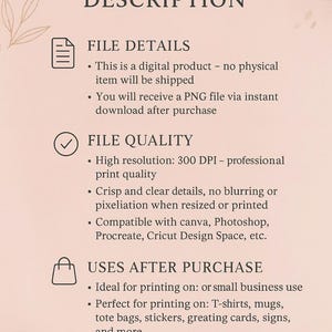 Pode incluir: Uma folha de informa&ccedil;&otilde;es de produto digital com fundo rosa claro e texto escuro. Lista detalhes do arquivo, qualidade de 300 DPI e op&ccedil;&otilde;es de uso para impress&atilde;o em itens como camisetas, canecas e adesivos, incluindo compatibilidade de software.