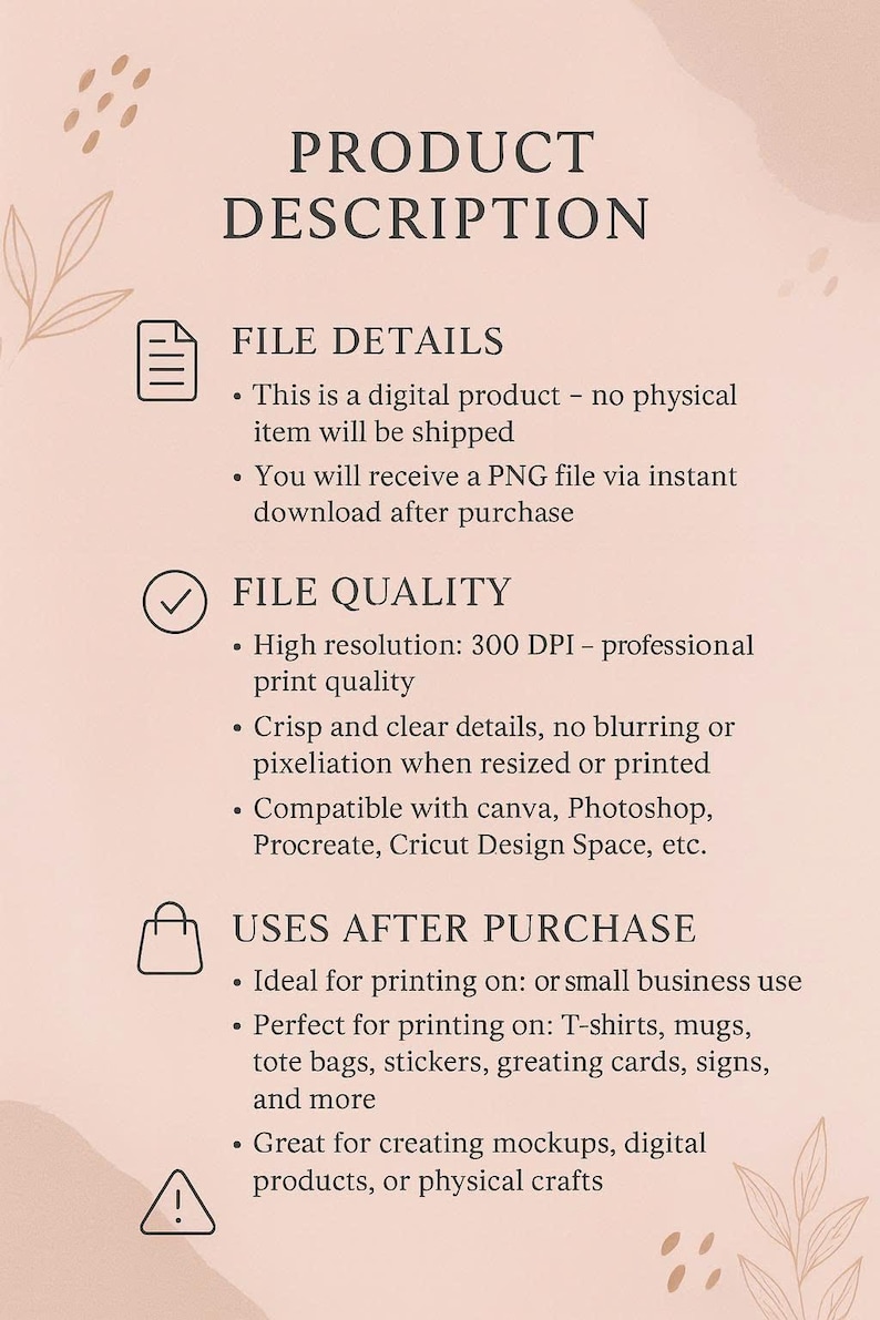Pode incluir: Uma folha de informa&ccedil;&otilde;es de produto digital com fundo rosa claro e texto escuro. Lista detalhes do arquivo, qualidade de 300 DPI e op&ccedil;&otilde;es de uso para impress&atilde;o em itens como camisetas, canecas e adesivos, incluindo compatibilidade de software.