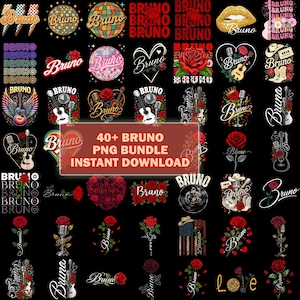 May include: A digital collection of over 40 graphic designs featuring the name Bruno, incorporating various elements such as red roses, acoustic guitars, microphones, disco balls, cowboy boots, hearts, and American flag motifs on a black background.
