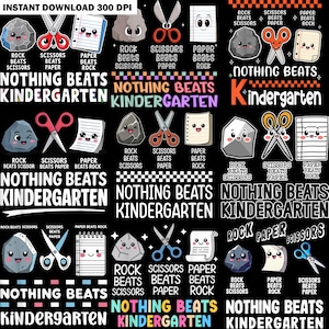May include: A digital collection of graphic designs featuring cartoon characters of rocks, scissors, and paper with faces. The text includes phrases like Rock Beats Scissors, Scissors Beats Paper, Paper Beats Rock, and Nothing Beats Kindergarten.