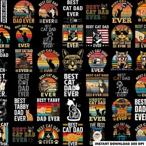 May include: A digital fabric pattern featuring a black background with repeating graphic designs of cats, sunset silhouettes, and the text Best Cat Dad Ever. The illustrations include cats wearing sunglasses, fist bumping, and various retro-style color palettes.