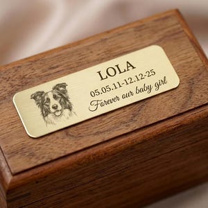 May include: A wooden pet urn with a gold-colored nameplate. The nameplate features a detailed illustration of a dog, the name "LOLA", dates, and the phrase "Forever our baby girl". The urn is rectangular and made of dark wood.