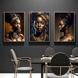 Arte murale astratta in oro nero | Ritratto di dea africana | Ritratto di donna nera etnica | Dipinto afro chic moderno per l'arredamento della casa, estetico