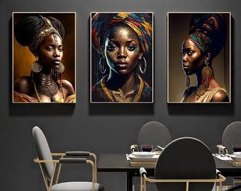 Black Gold Abstract Wall Art | African Goddess Portrait | Ethnic Black Woman Portrait | Modern Afro Chic Painting for Home Decor, Aesthetic