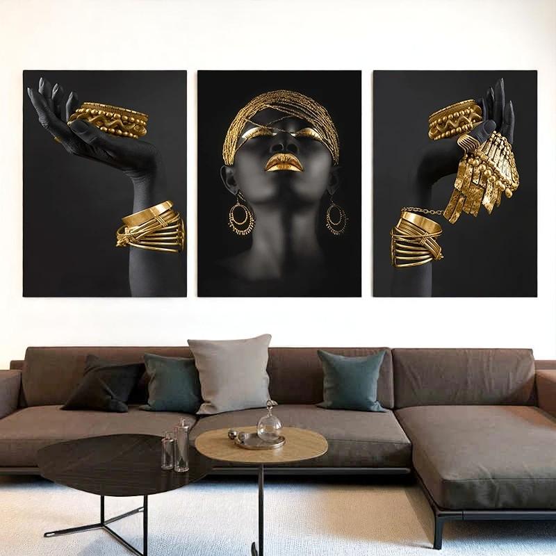 Black Woman Wall Art Set | Black & Gold Afro Chic Posters | Modern Aesthetic Decor | Gift Idea for Her, Living Room, Birthday, Wedding