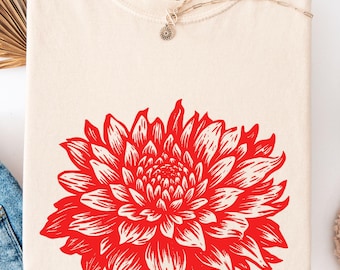 Red Linocut Flower T-Shirt, Block Print Graphic Tee, Vintage Botanical Shirt, Boho Floral Top, Garden Wildflower Comfort Colors Tee