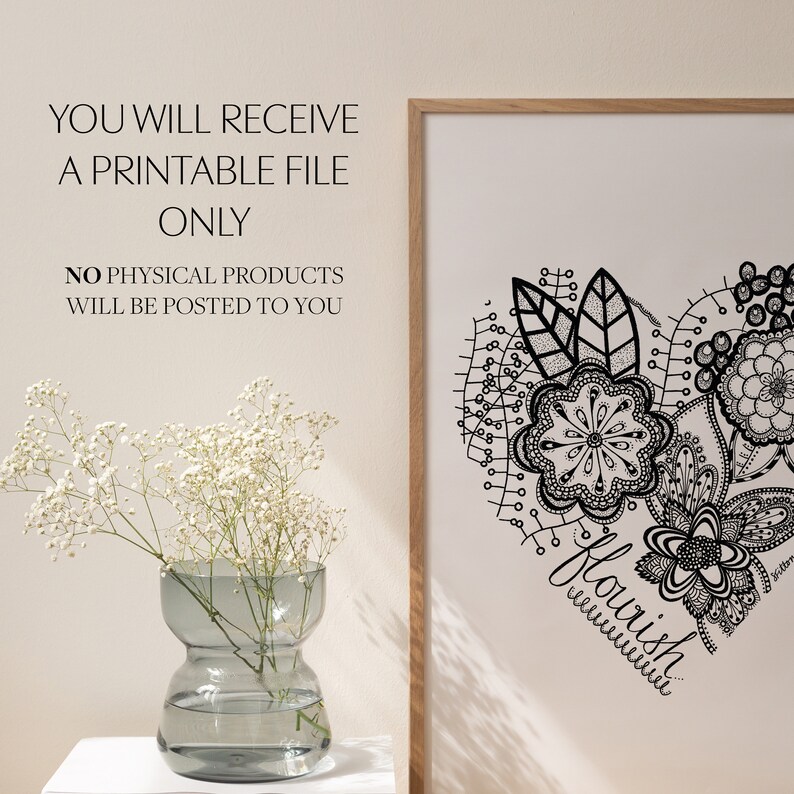 Flourish Floral Wall Art, Impression dart imprimable, Illustration botanique, Thème noir et blanc, Téléchargement instantané, Art imprimable floral image 2