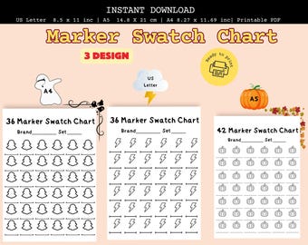 Marker Swatch Chart 3 Designs zum Ausdrucken, Farbmuster PDF, A4 A5 US Letter, Coloring Tool Tracker