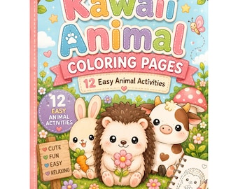 Kawaii Animal Coloring Pages, 12 Easy Printable Activities, PDF Digital Download