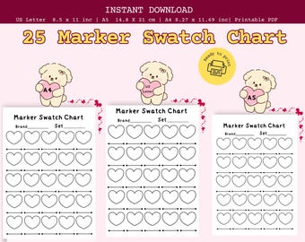 Marker Swatch Chart Printable, Coloring Swatch Sheet, Alcohol Marker Tracker, Planner Insert A4 A5 US Letter, Coloring Supplies Organizer