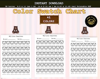 Color Swatch Chart Printable, 42 Color Tracker Sheet A4 A5 US Letter, Bear Palette Organizer für Marker & Buntstifte PDF
