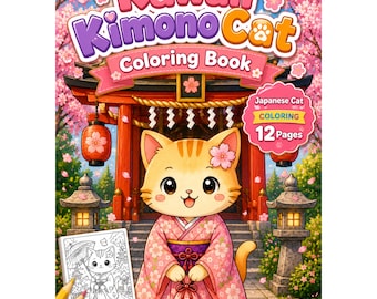 Kawaii Kimono Cat Coloring Book, Japanese Cat Coloring Pages, Cute Printable Activity Book, Instant Download PDF