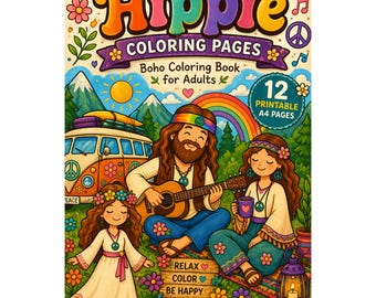 Hippie Coloring Pages Printable, Boho Coloring Book for Adults, Retro Peace & Love Coloring Pages, 70s Style Coloring Book A4 PDF