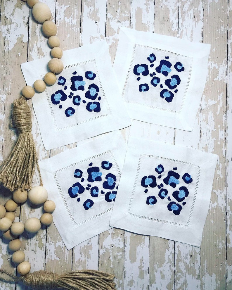 Cheetah Print Hemstitch Linen Cocktail Napkins Fun Cocktail Etsy