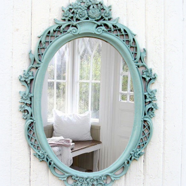 Vintage Mint miroir ovale Shabby Chic Beach Cottage